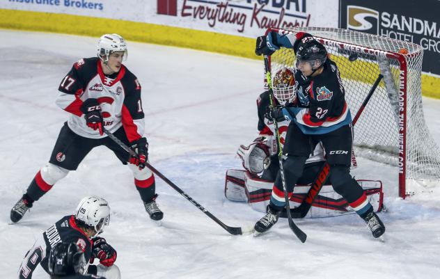 Prince George Cougars defenseman Jack Sander and goaltender Taylor Gauthier vs. the Kelowna Rockets