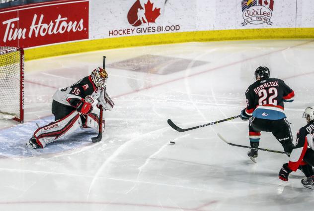 Prince George Cougars goaltender Taylor Gauthier awaits a shot vs. the Kelowna Rockets
