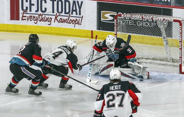 Prince George Cougars defenseman Ethan Samson with a scoring chance vs. the Kelowna Rockets