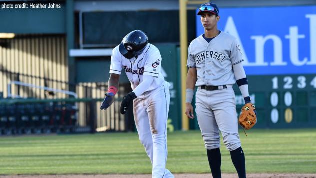 Oswaldo Cabrera of the Somerset Patriots is unimpressed with the New Hampshire Fisher Cats