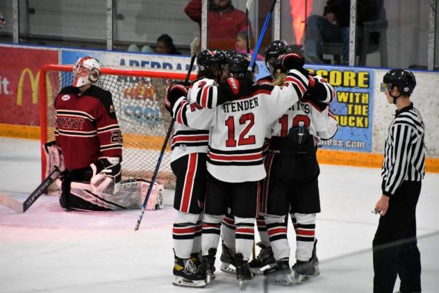 Aberdeen Wings celebrate one of 10 goals vs. the Minot Minotauros