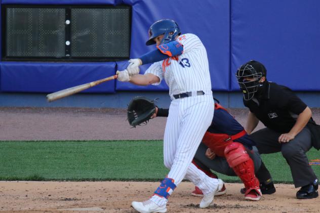 Brandon Drury's swing as he connects on a home run for the Syracuse Mets