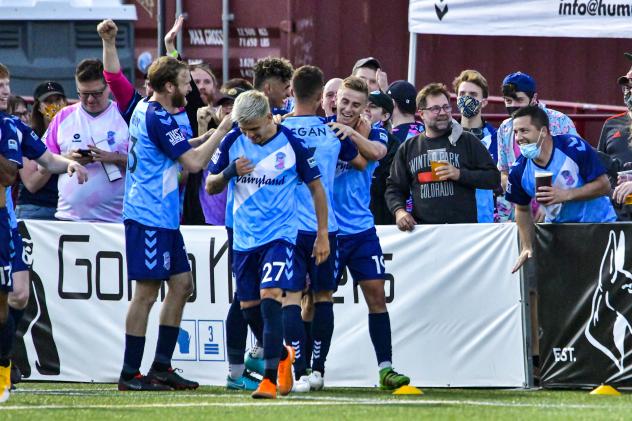 Forward Madison FC celebrates Justin Sukow's goal vs. Union Omaha