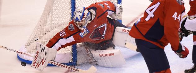 South Carolina Stingrays goaltender Hunter Shepard makes a stop against the Wheeling Nailers