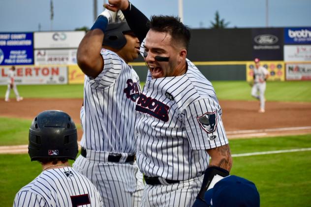 Donny Sands of the Somerset Patriots celebrates at home