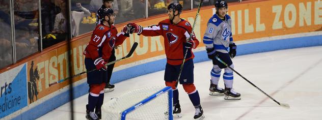 South Carolina Stingrays exchange a fist bump after a score against the Jacksonville Icemen