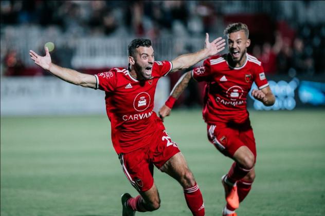 Joey Calistri of Phoenix Rising FC celebrates the tying goal against San Diego Loyal SC