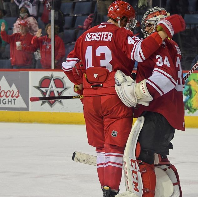 Allen Americans defenseman Matt Register and goaltender Jake Paterson