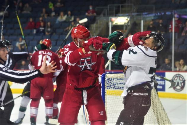 Allen Americans forward Spencer Asuchak mixes it up with the Utah Grizzlies