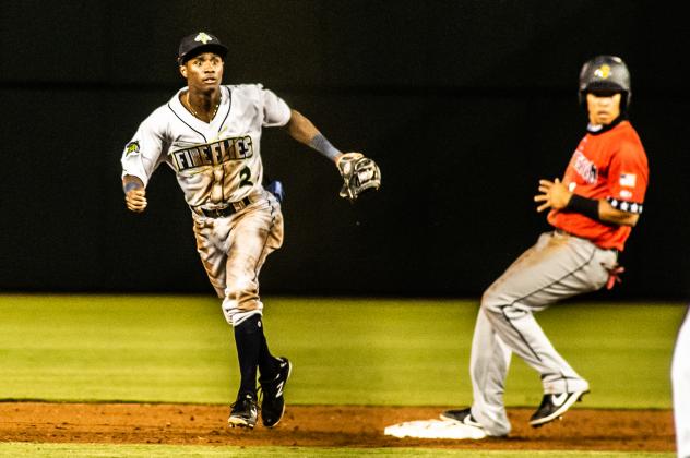 Tyler Tolbert of the Columbia Fireflies in the field vs. the Charleston RiverDogs
