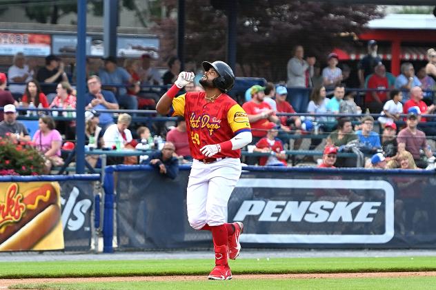 Reading Hot Dogs (Fightin Phils) outfielder Jorge Bonifacio rounds the bases after his homer