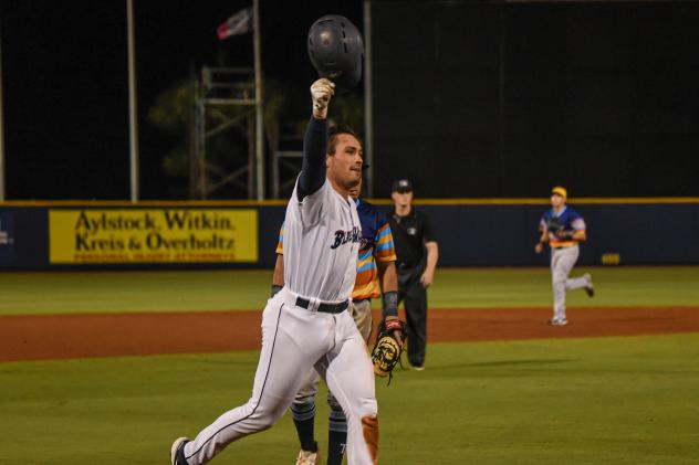 Pensacola Blue Wahoos catcher Nick Fortes trots around the bases following his winning homer
