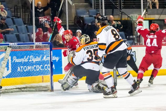 Allen Americans react after a goal against the Fort Wayne Komets