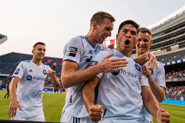 Chicago Fire FC celebrate a goal against Atlanta United FC at Soldier Field