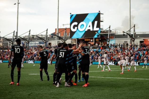 Colorado Springs Switchbacks FC celebrate a goal against Real Monarchs