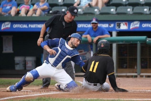 New York Boulders' catcher Phil Capra applies tag on a sliding Chuck Taylor of the Sussex County Miners