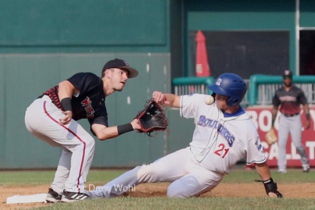 New York Boulders' Ryan Ramiz swipes second base in Sunday's game with the Washington Wild Things