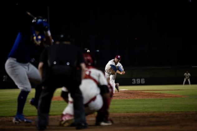 Brock Gilliam deals a pitch in the ninth inning of the Kansas City Monarchs 15-6 win