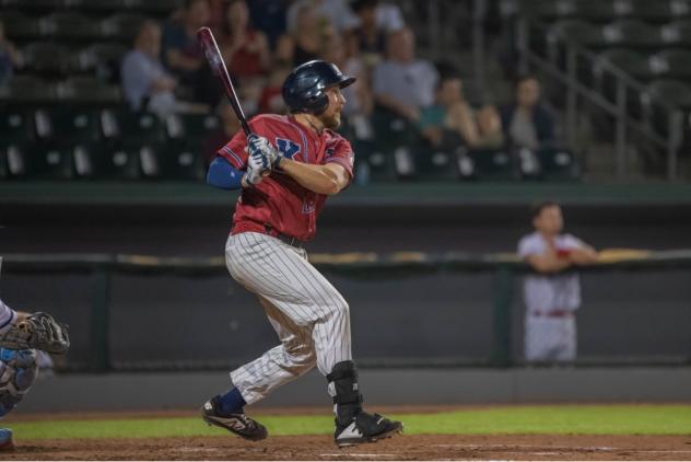 Daniel Wasinger of the Kansas City Monarchs with an two RBI double swing vs. the Chicago Dogs