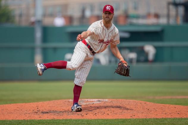 Jake Matthys of the Kansas City Monarchs delivers a pitch against the Chicago Dogs