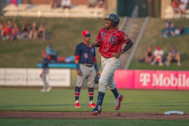 Gabby Guerrero of the Kansas City Monarchs hits a home run against Cleburne