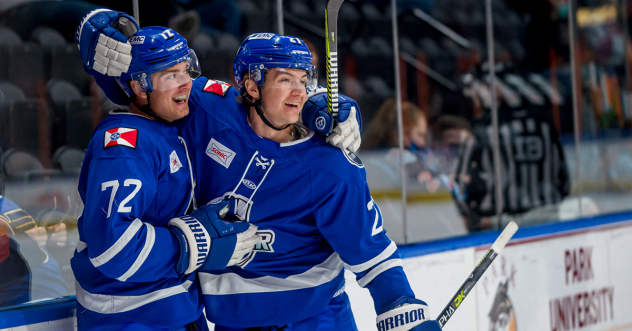 Wichita Thunder forward Peter Crinella (left) and defenseman Garrett Schmitz