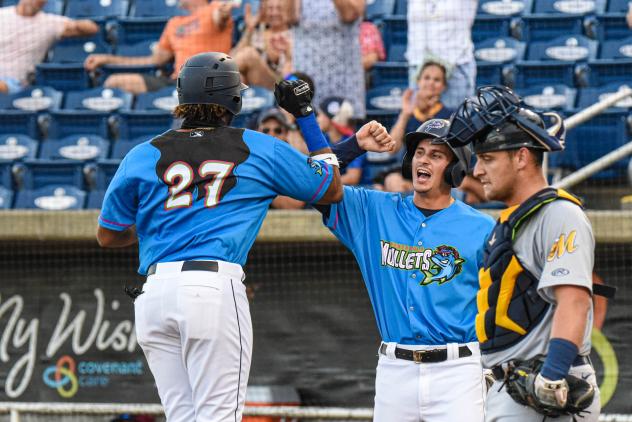 Jerar Encarnacion of the Pensacola Blue Wahoos scores after his home run