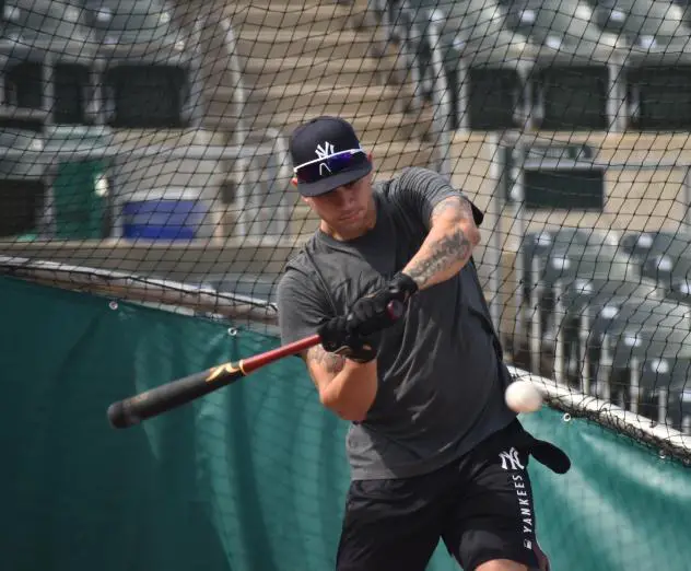 Catcher Gary Sanchez takes batting practice wiht the Somerset Patriots