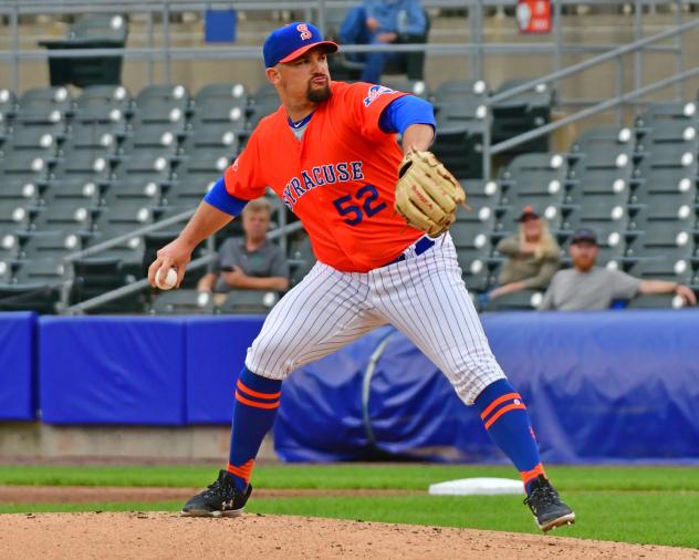 Zack Godley pitched six scoreless innings for the Syracuse Mets in game two of Wednesday's doubleheader
