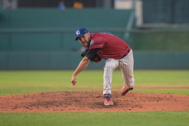 Matt Hall of the Kansas City Monarchs delivers a pitch against the Houston Apollos