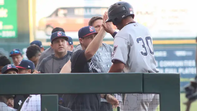 Oswald Peraza of the Somerset Patriots enters the dugout