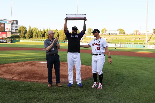 Albuquerque Isotopes pitcher Nelson Gonzalez celebrates a milestone