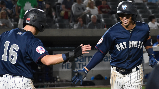 Somerset Patriots exchange congratulations after a run