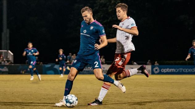 South Georgia Tormenta FC defender Nick O'Callaghan with possession vs. North Texas SC