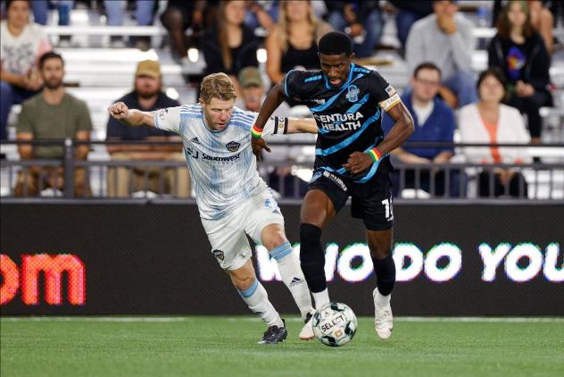 Colorado Springs Switchbacks FC midfielder Andre Lewis (right) vs. El Paso Locomotive FC