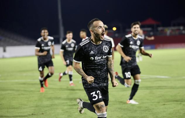 Richmond Kickers forward Emiliano Terzaghi reacts after his game-winning goal against Chattanooga Red Wolves SC