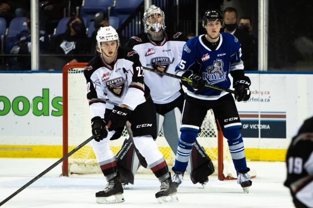 Vancouver Giants defenceman Connor Horning and goaltender Jesper Vikman vs. the Victoria Royals