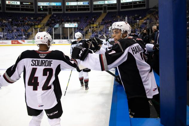 Vancouver Giants centre Justin Sourdif high fives the bench vs. the Victoria Royals