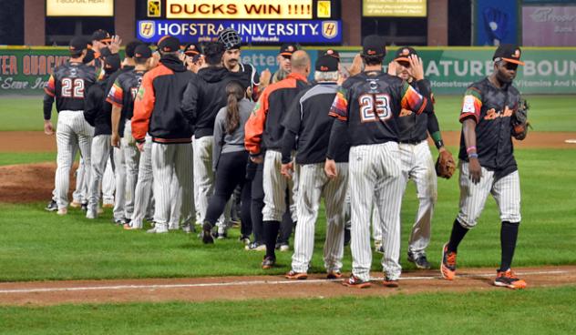 Long Island Ducks line up for high fives after a win