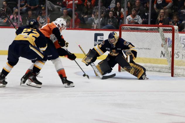Erie Otters goaltender Nolan LaLonde faces the Flint Firebirds