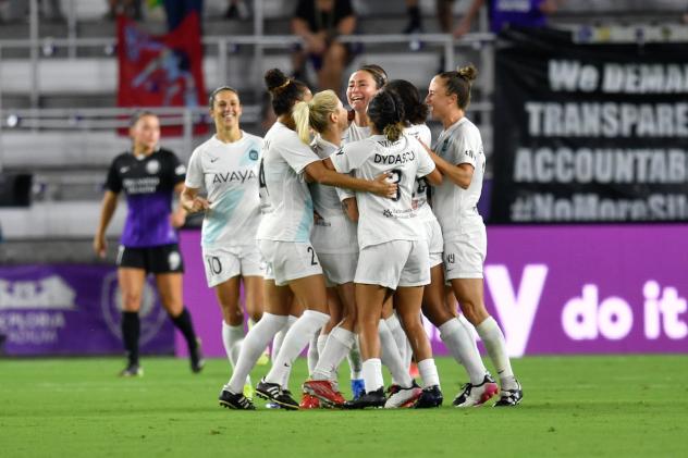 NJ/NY Gotham FC celebrates a goal over the Orlando Pride