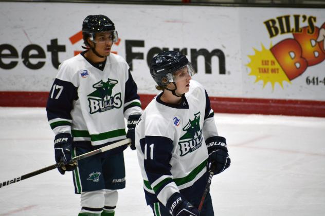 North Iowa Bulls forward Logan Dombrowsky (foreground) and defenseman Andrew Stacey