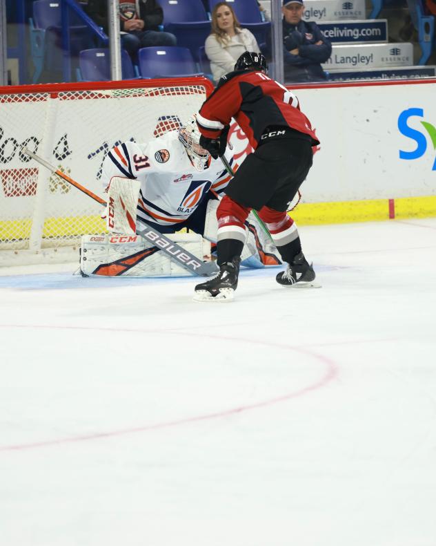 Vancouver Giants centre Ty Thorpe shoots vs. the Kamloops Blazers