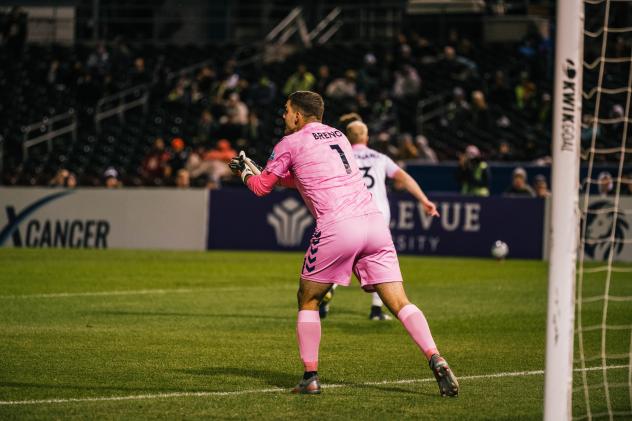 Forward Madison FC goalkeeper Phil Breno vs. Union Omaha