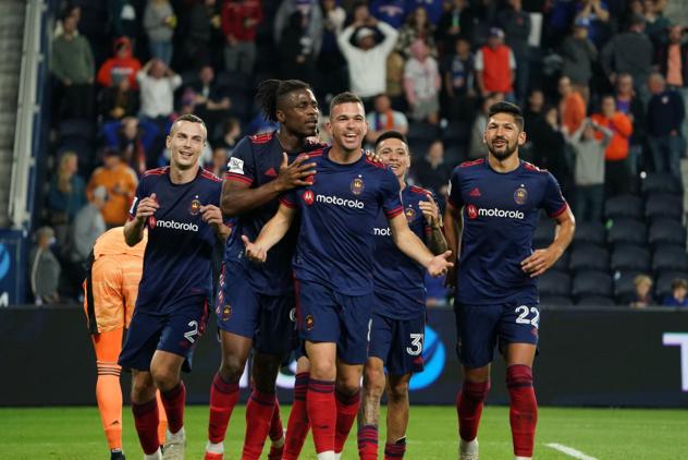 Chicago Fire FC celebrate a goal against FC Cincinnati