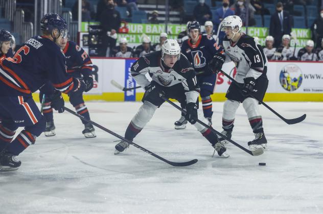 Vancouver Giants left wing Zack Ostapchuk tries to control the puck vs. the Kamloops Blazers