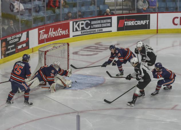 Ty Thorpe of the Vancouver Giants scores against the Kamloops Blazers
