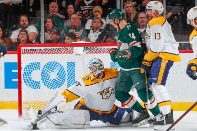 Former Orlando Solar Bears goaltender Connor Ingram makes a save for the Nashville Predators