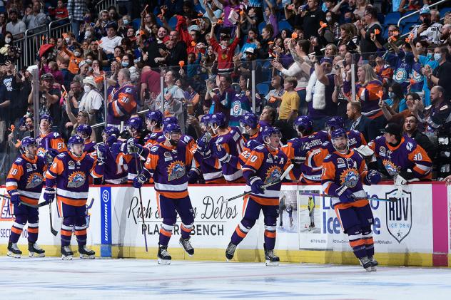Orlando Solar Bears high five the bench after a goal