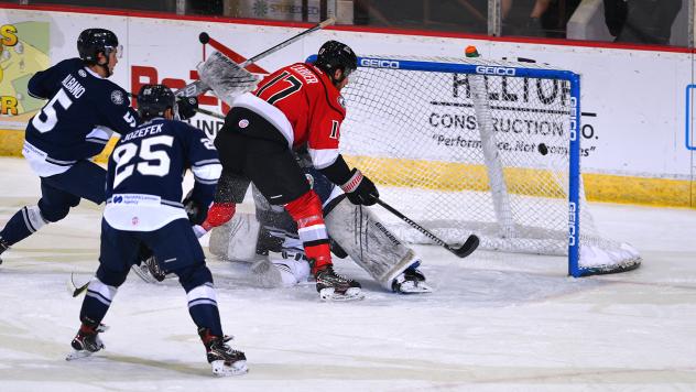 Adirondack Thunder forward Alex Carrier scores against the Worcester Railers